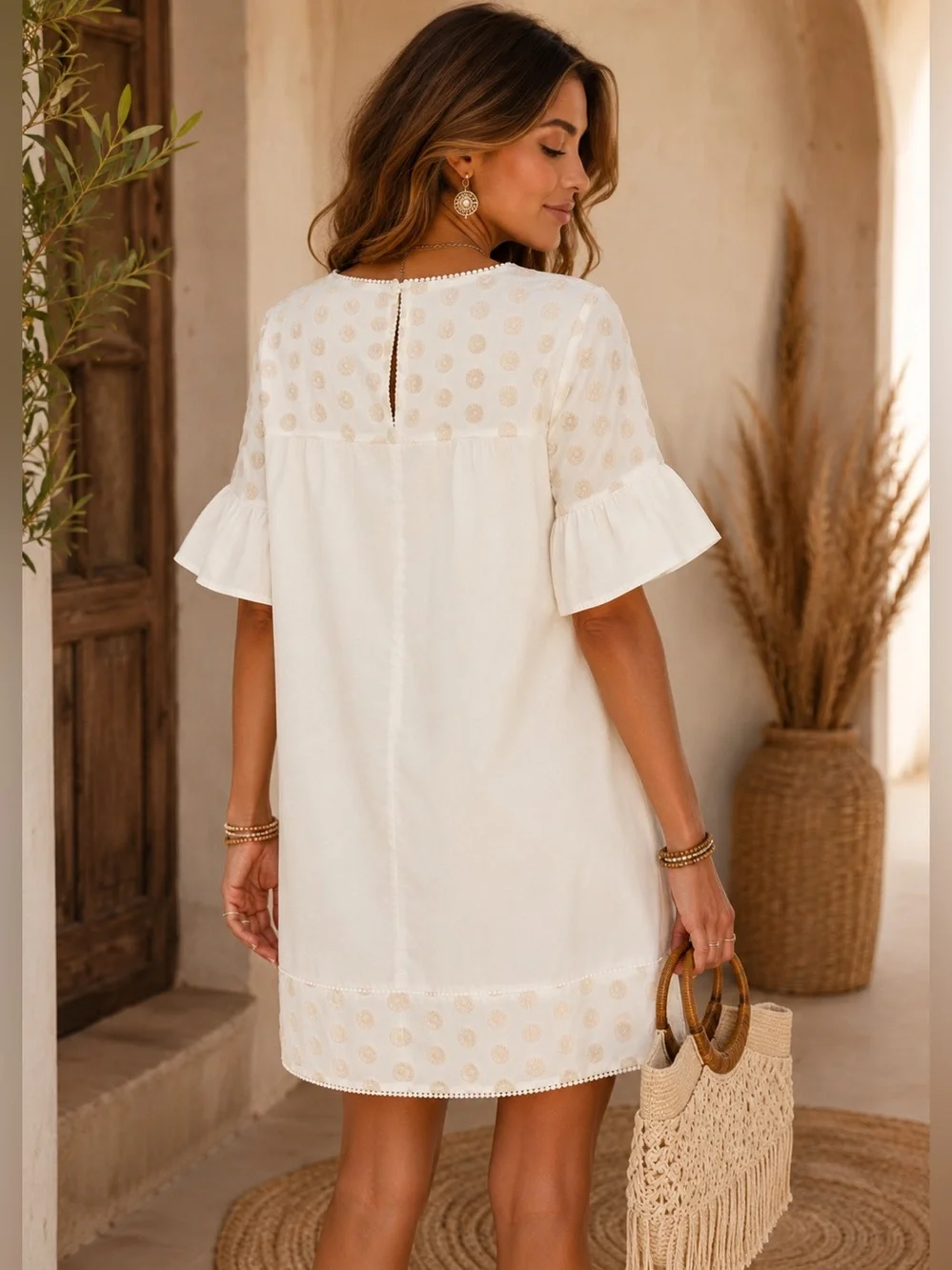 J.Crew Embellished Bell-Sleeve Shift Dress – Cream/Soft Blush Boho Style